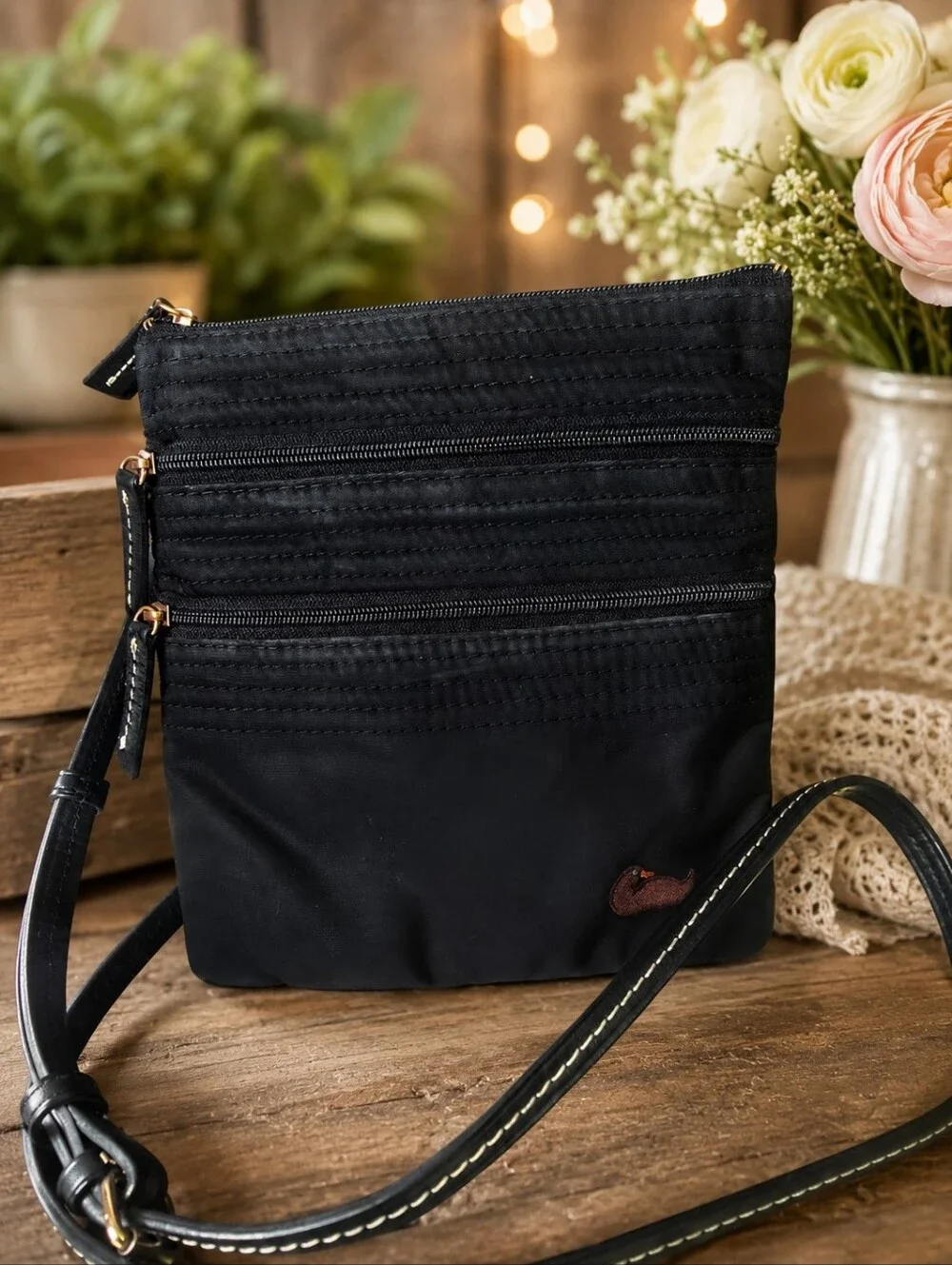 Dooney & Bourke Black Nylon Triple Zip Crossbody Bag Pink Lining